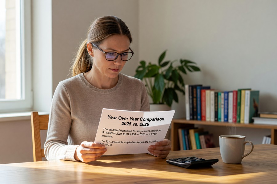 Side-by-side comparison graphic of 2025 versus 2026 standard deduction amounts by filing status
