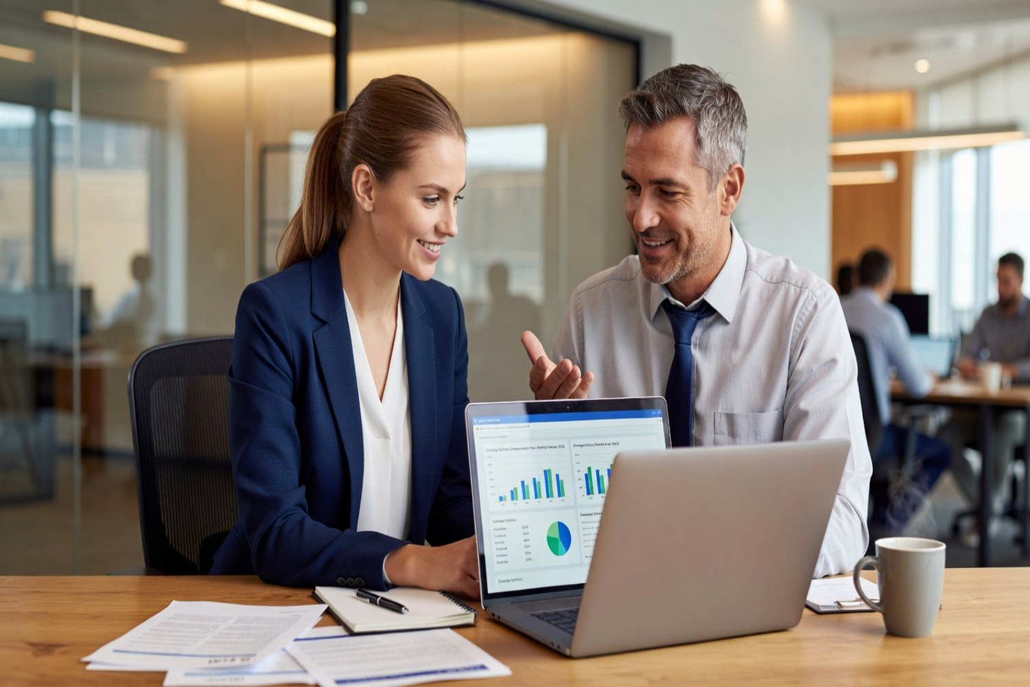 Young woman reviewing auto insurance coverage options with insurance agent at modern office desk