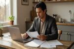 Man reviewing auto insurance policy documents on laptop at kitchen table with papers spread out
