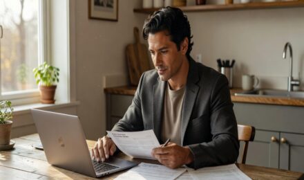 Man reviewing auto insurance policy documents on laptop at kitchen table with papers spread out