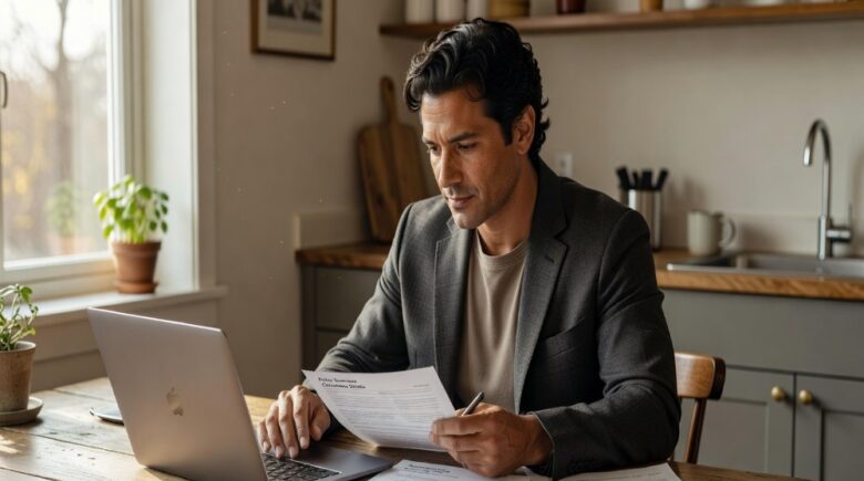 Man reviewing auto insurance policy documents on laptop at kitchen table with papers spread out