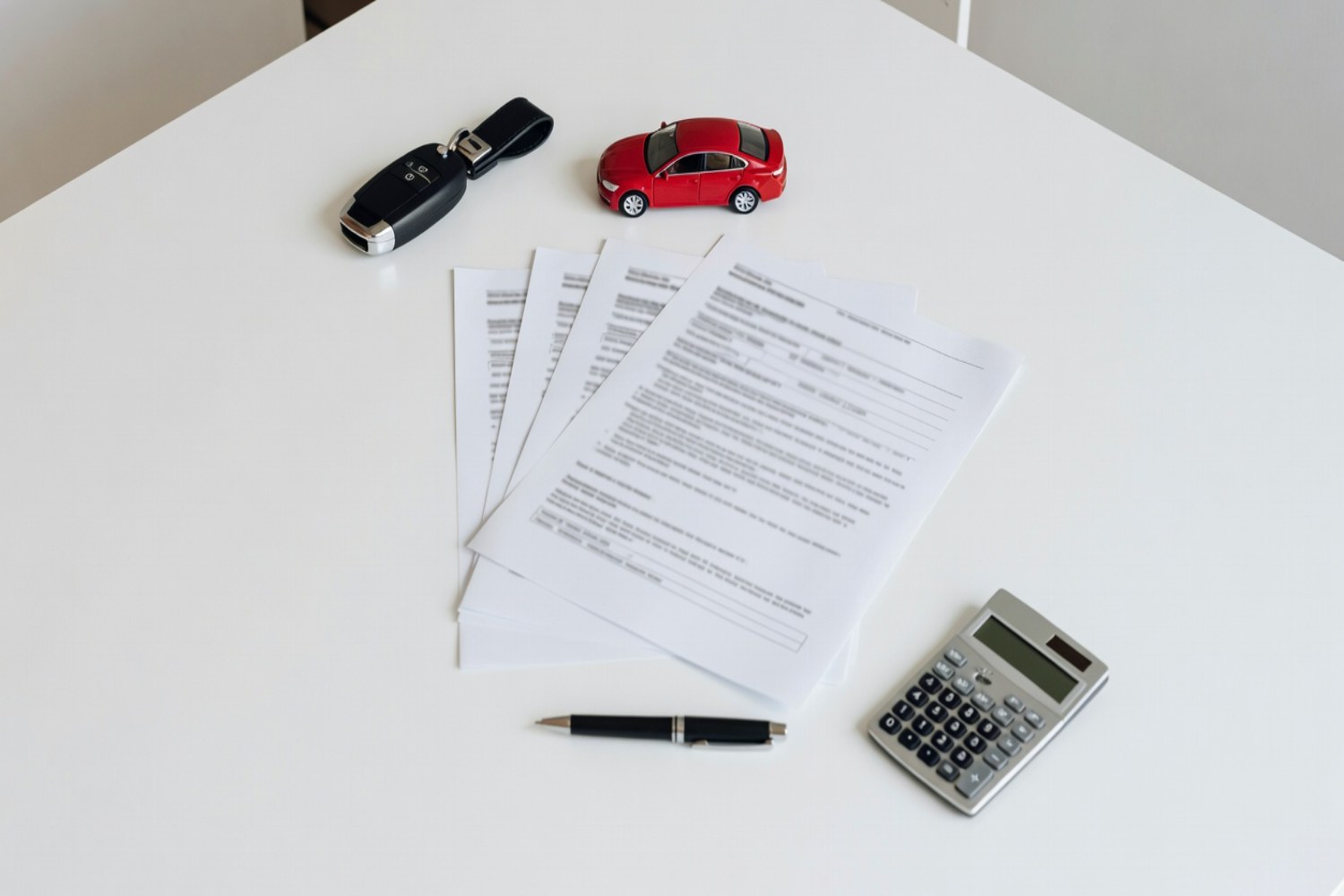 Auto insurance policy documents car key model car pen and calculator arranged on white desk