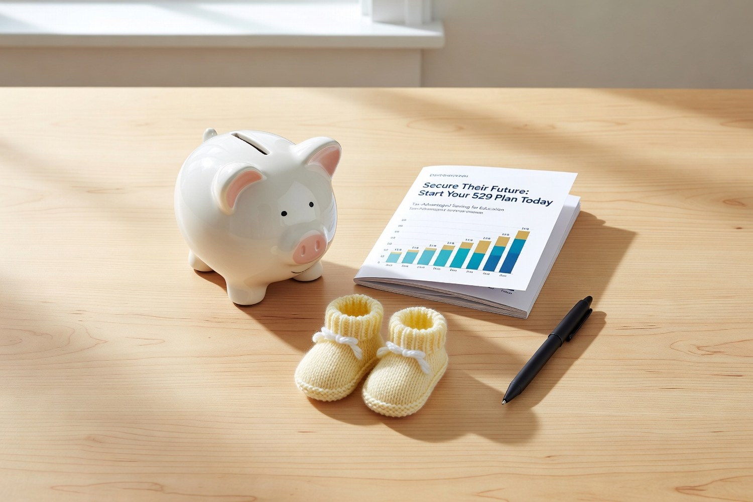 Baby piggy bank next to 529 plan brochure and baby booties