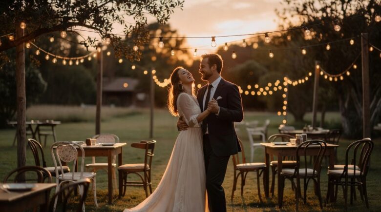 Budget-friendly backyard wedding reception with string lights and dancing couple