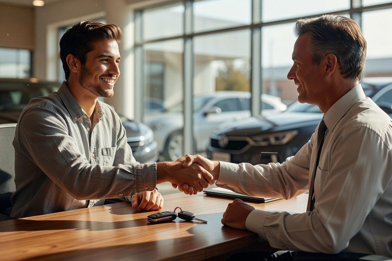 Man approved for auto loan shaking hands with finance manager at car dealership