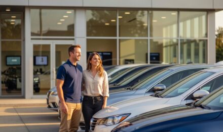 Couple shopping for a car at dealership with bad credit looking at sedan options