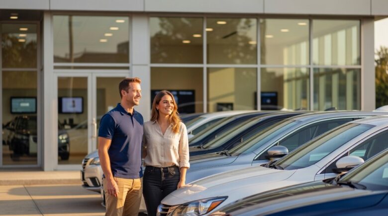 Couple shopping for a car at dealership with bad credit looking at sedan options