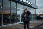 Person outside car dealership checking phone frustrated by bad credit