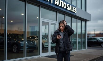 Person outside car dealership checking phone frustrated by bad credit