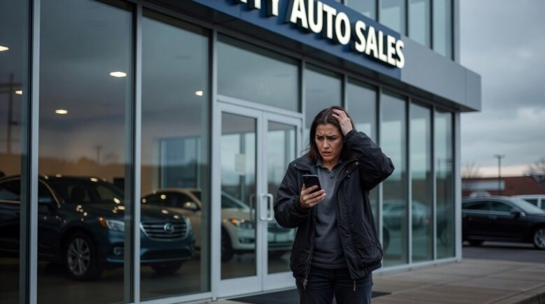 Person outside car dealership checking phone frustrated by bad credit