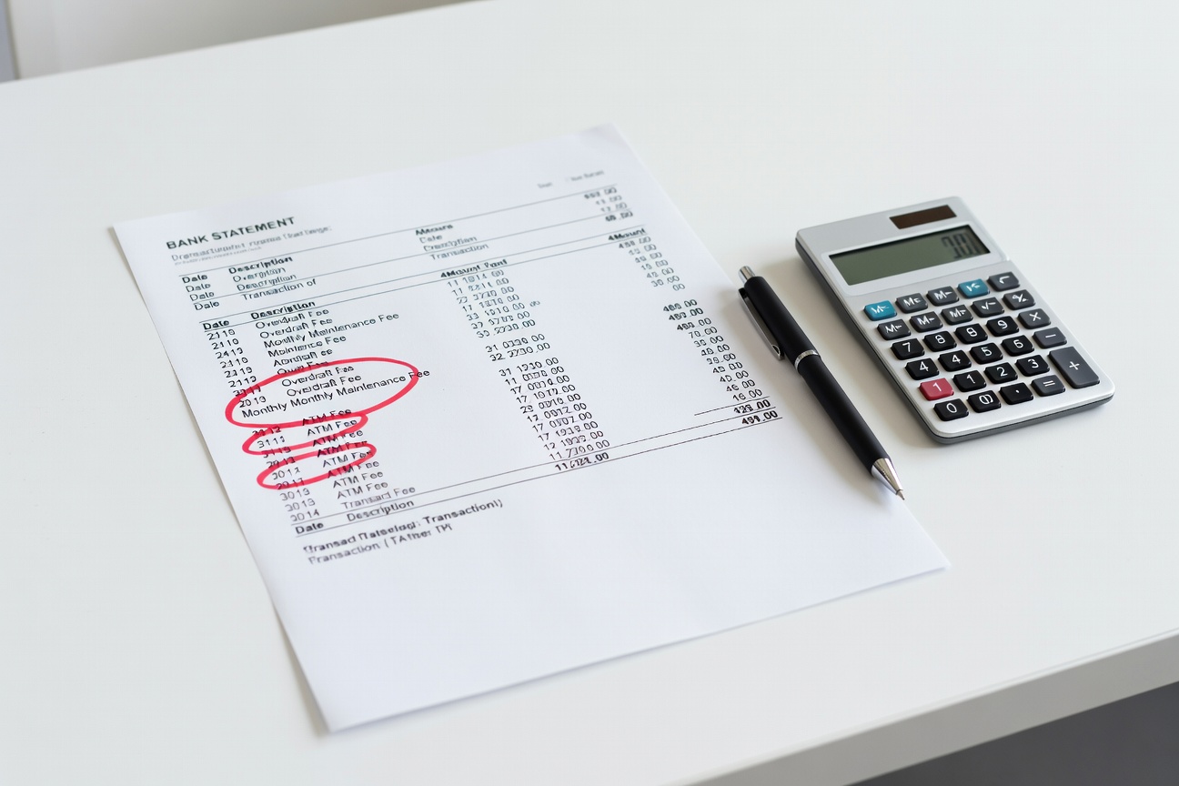 bank statement with hidden fees overdraft maintenance ATM marked