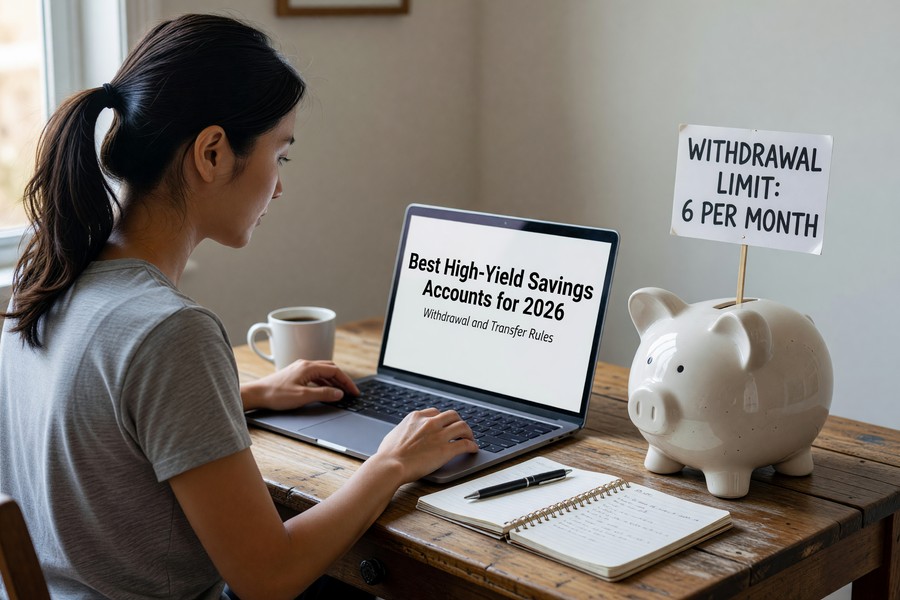 Checklist graphic showing key factors to evaluate when comparing savings accounts