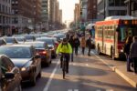 Urban intersection showing cyclist in bike lane, car in traffic, and city bus at morning rush hour