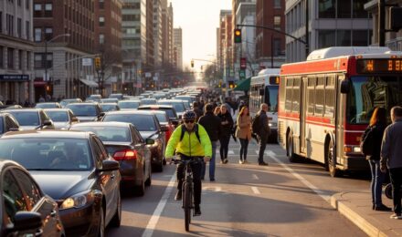 Urban intersection showing cyclist in bike lane, car in traffic, and city bus at morning rush hour