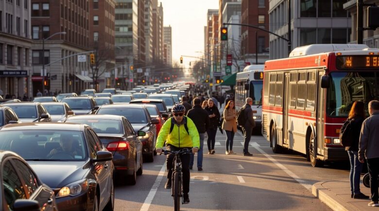 Urban intersection showing cyclist in bike lane, car in traffic, and city bus at morning rush hour