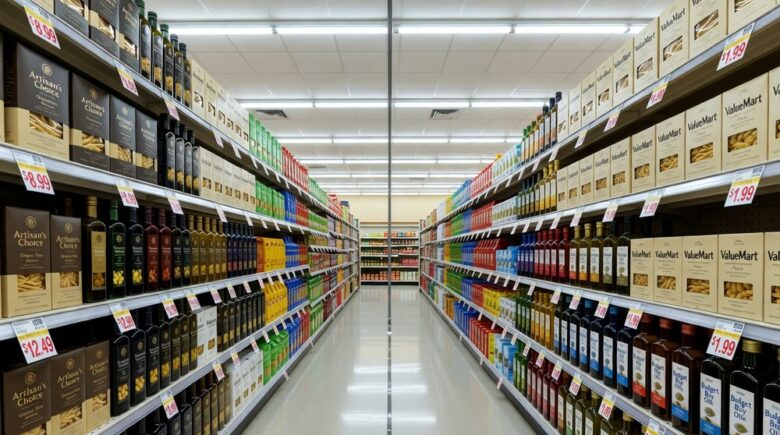Grocery aisle showing brand-name products versus identical store-brand alternatives at lower prices