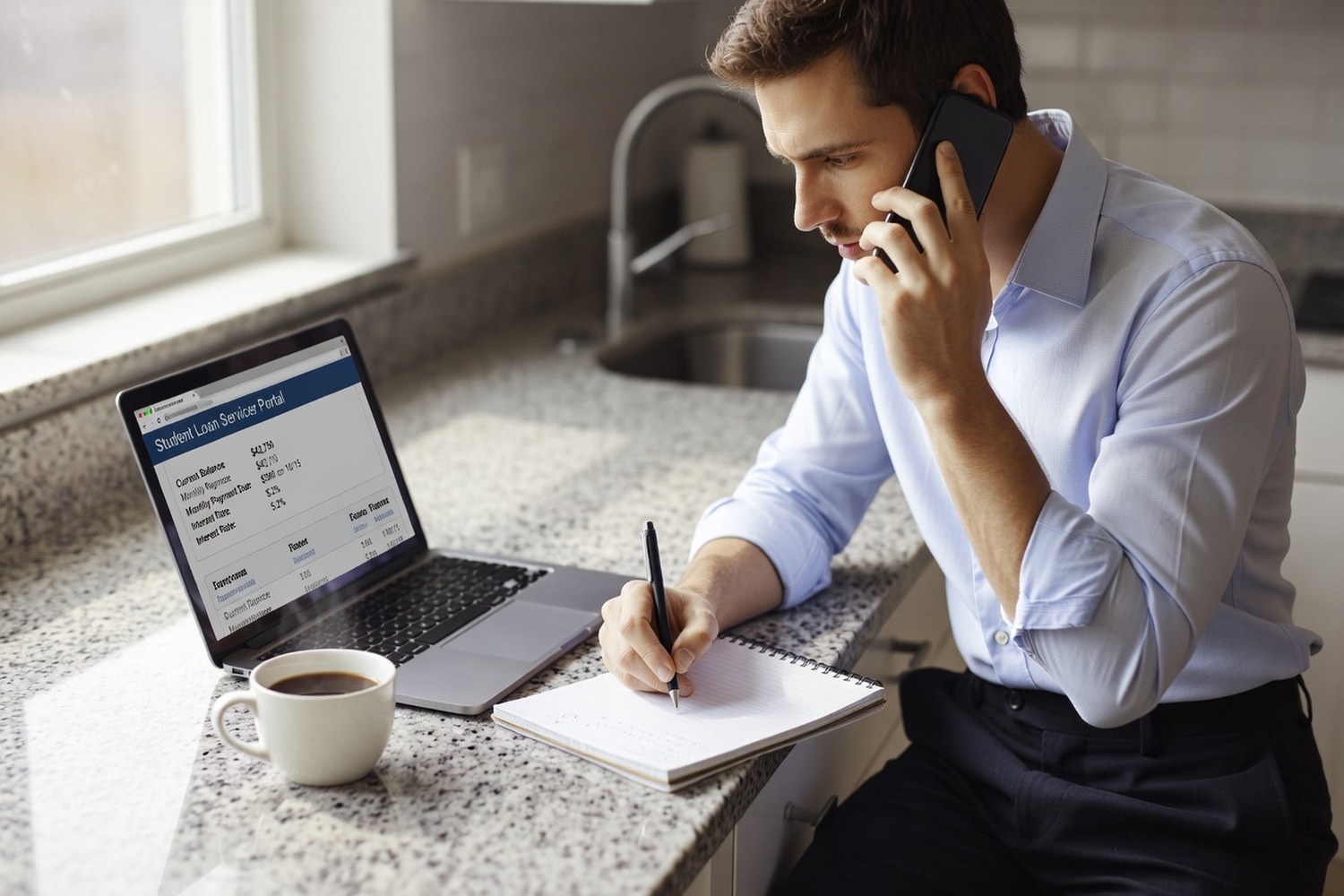 Young professional calling student loan servicer and taking notes at kitchen counter