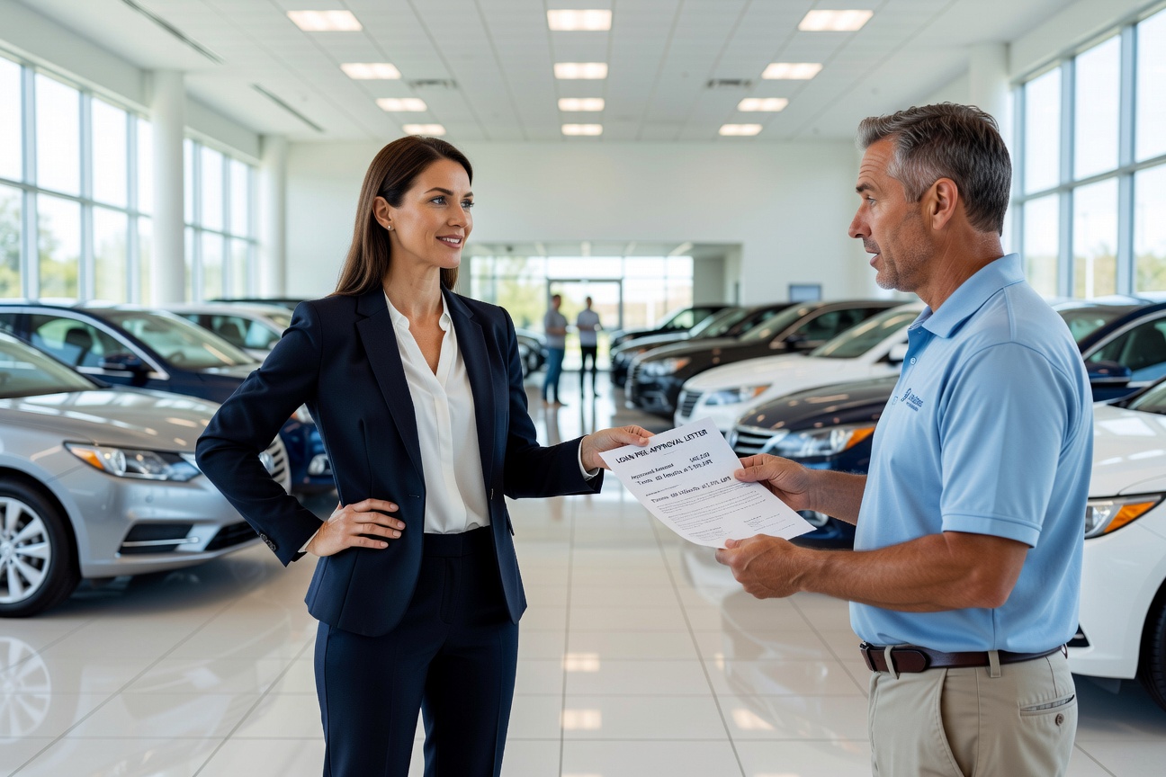 car buyer with pre-approval negotiating auto loan at dealership