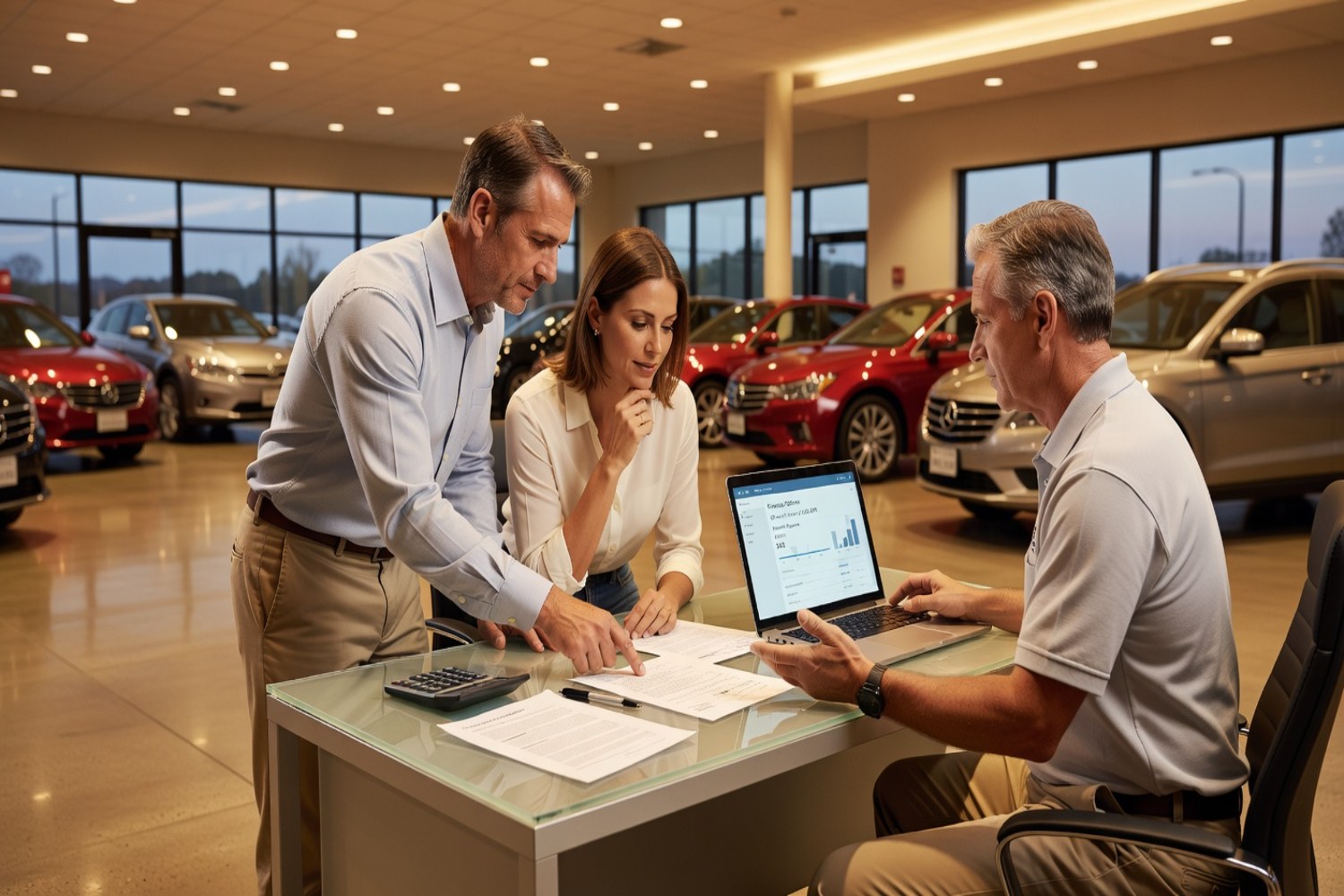 Couple negotiating car financing with salesperson at dealership desk reviewing loan documents