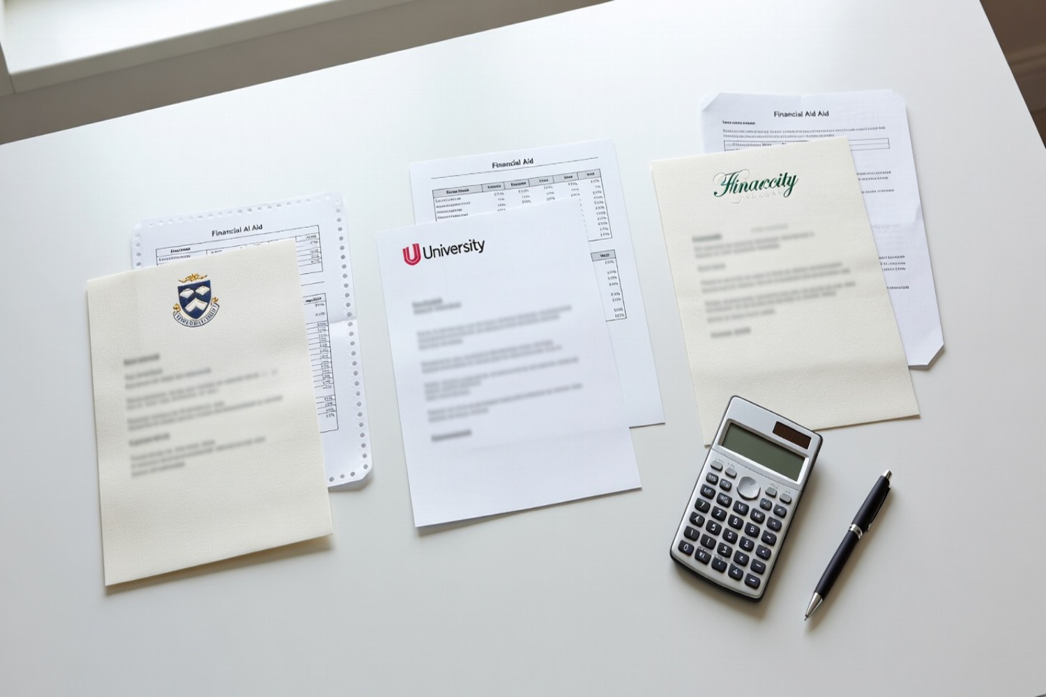 Three college financial aid award packages arranged side by side on white desk with calculator