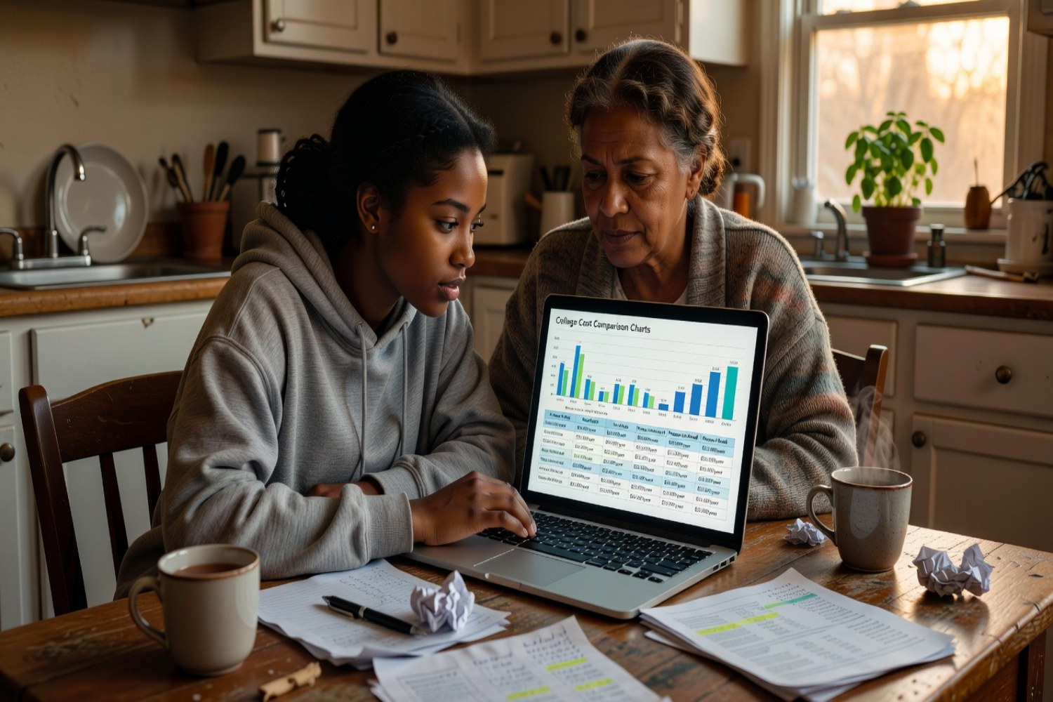 Mother and daughter reviewing college cost comparison charts on laptop at kitchen table