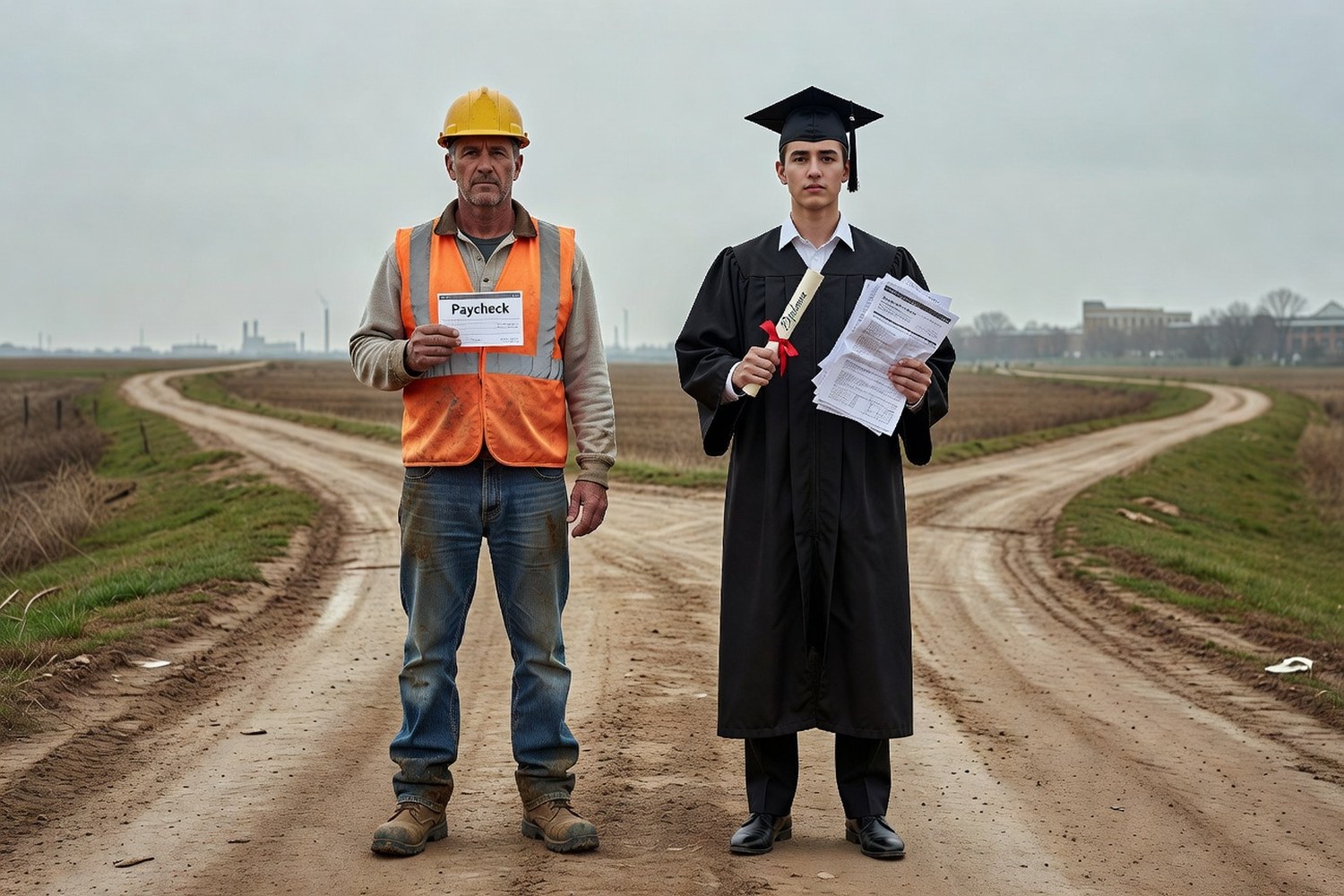 Person with diploma and person in trades gear at a career crossroads showing college vs trade paths