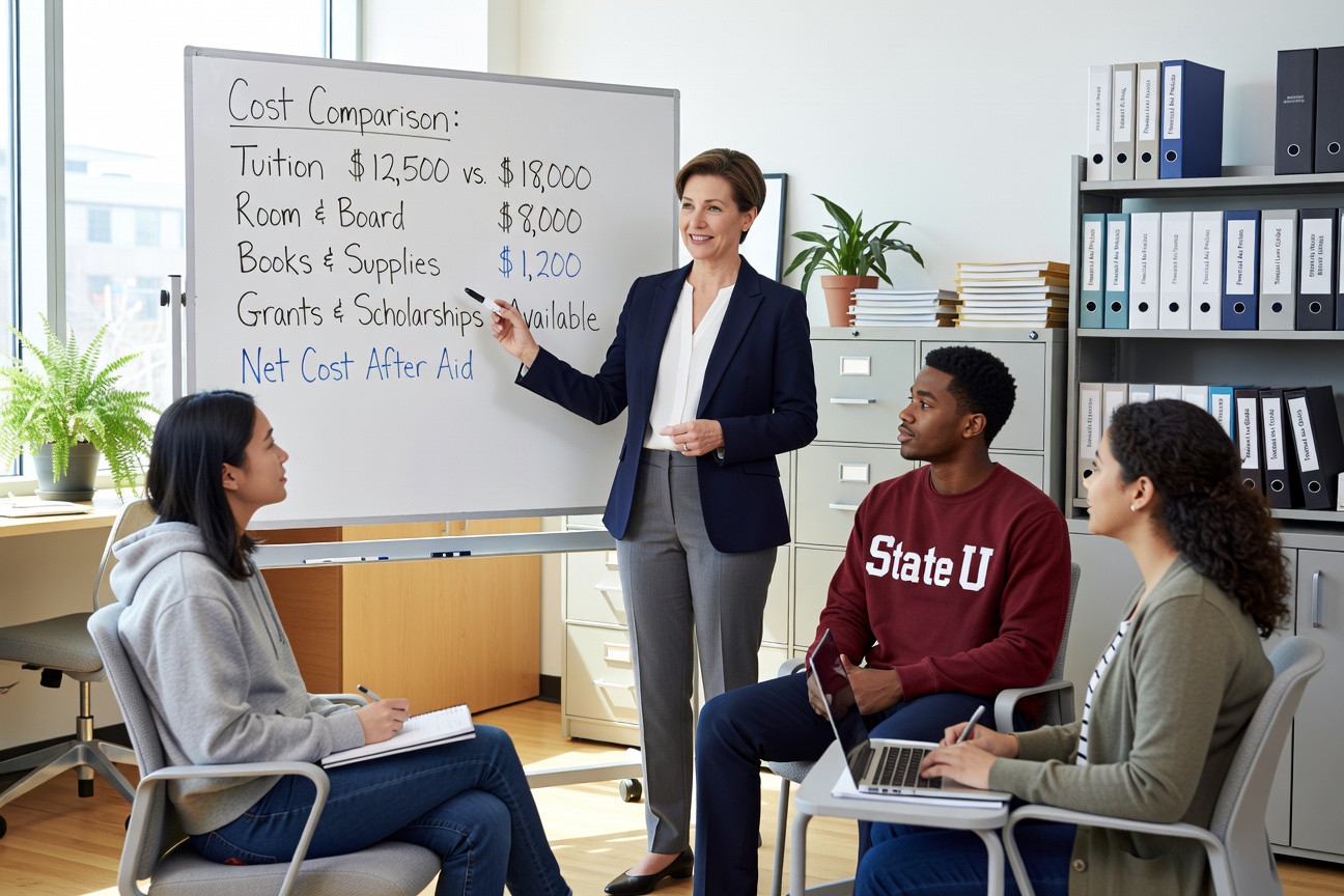 financial aid counselor explaining college cost net price comparison