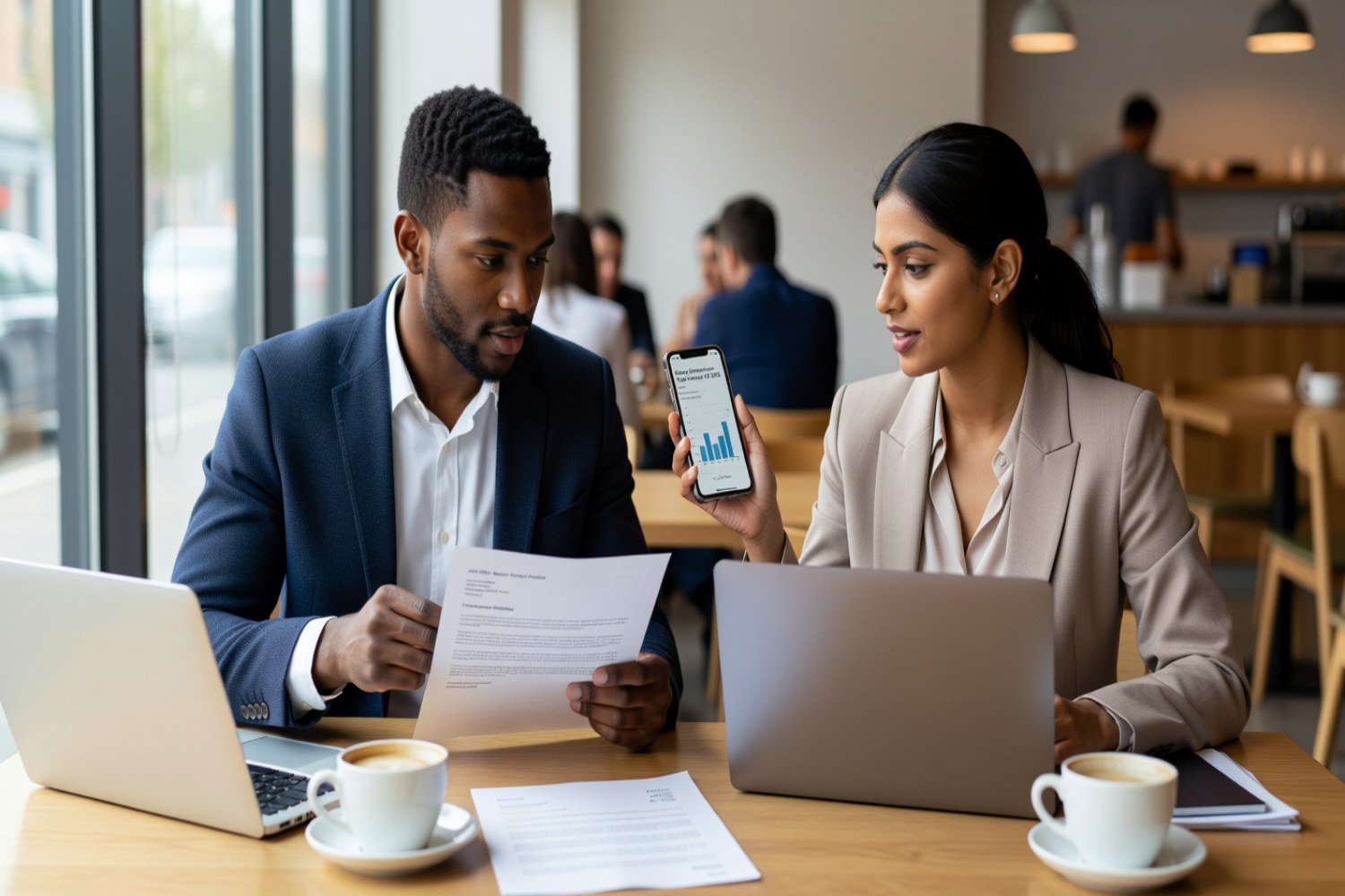 Two young professionals comparing job offer letters and salary data on phones and laptops at modern cafe