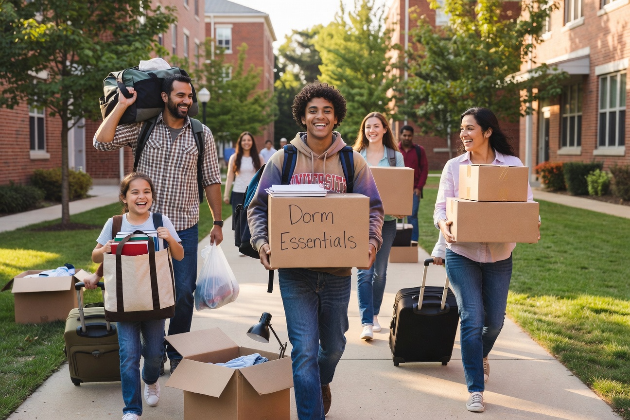 family helping college student move in day financial planning