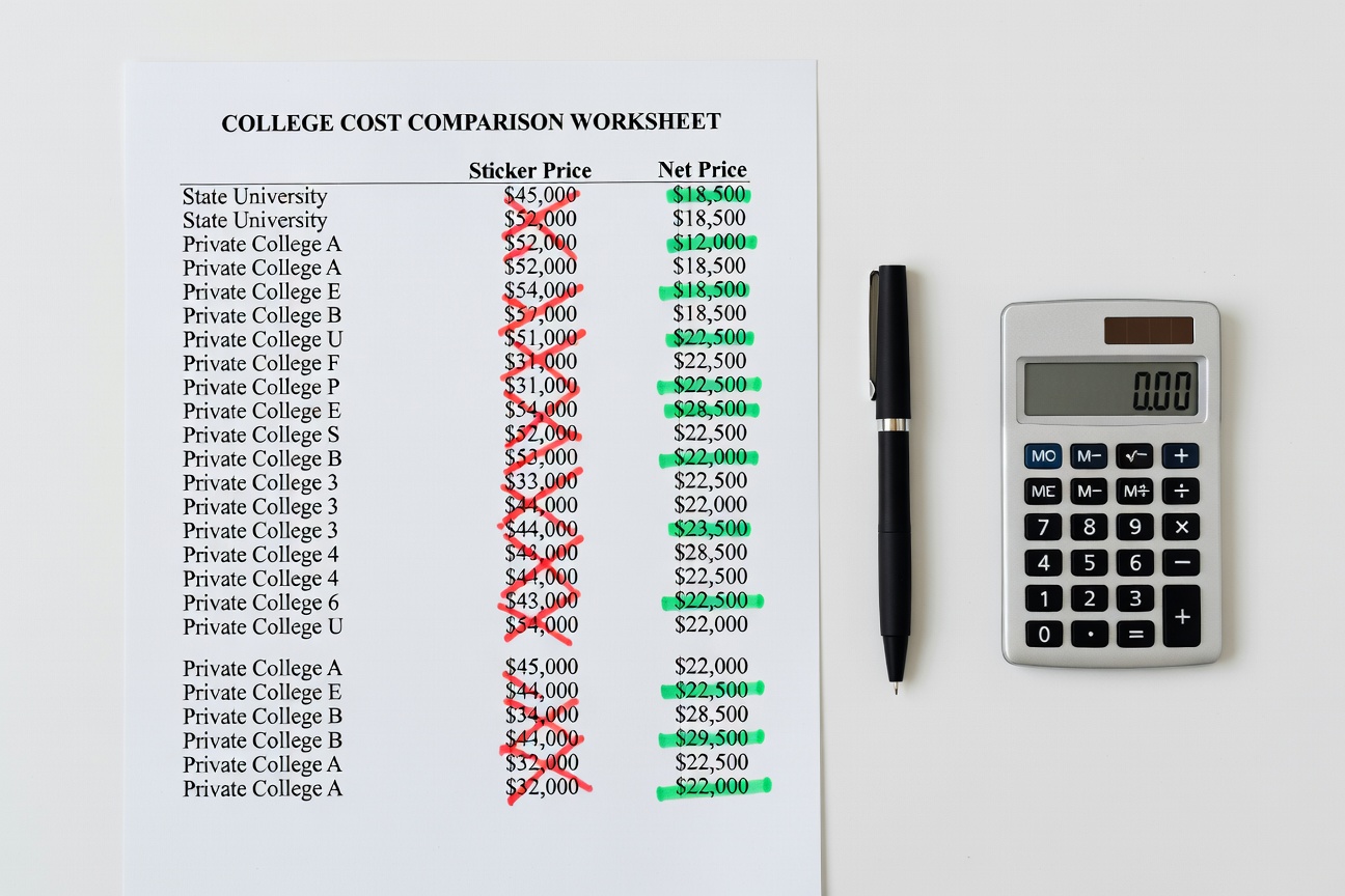 college net price vs sticker price cost comparison worksheet
