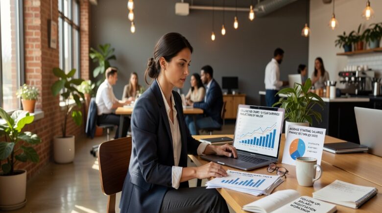 Young woman entrepreneur reviewing regional salary data and college ROI charts on laptop at co-working space