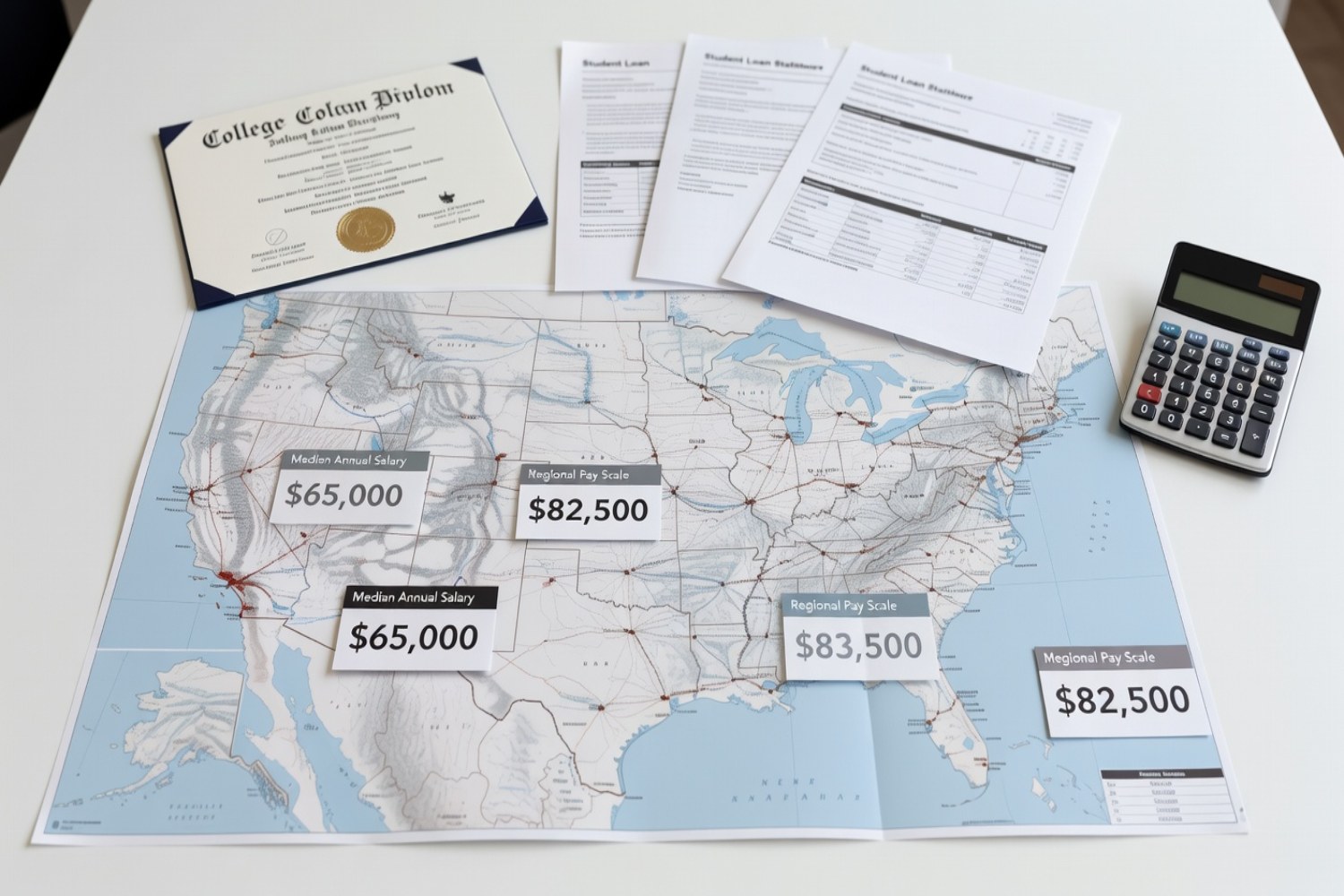 US regional map with salary data cards college diploma student loan statements and calculator flat-lay on white desk