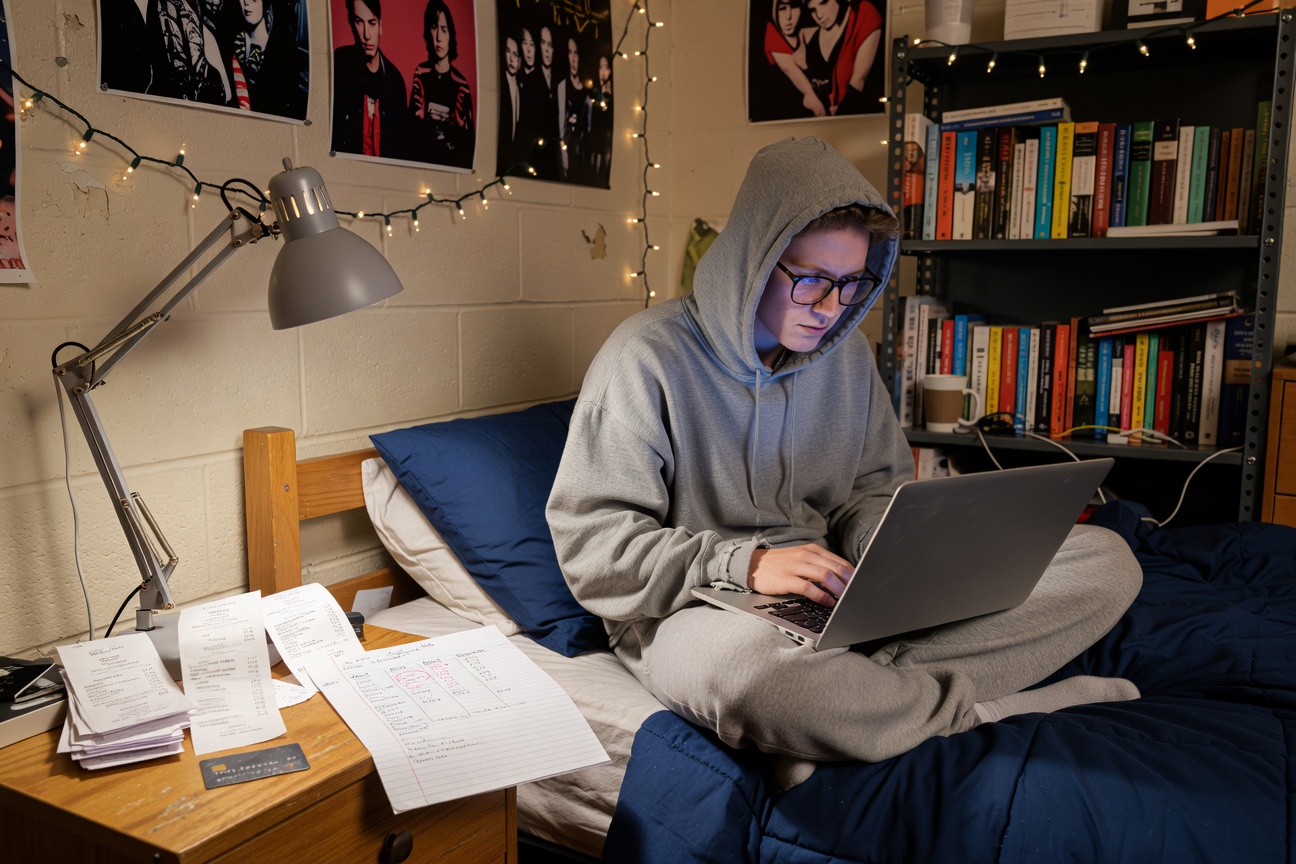 college student budgeting money management in dorm room