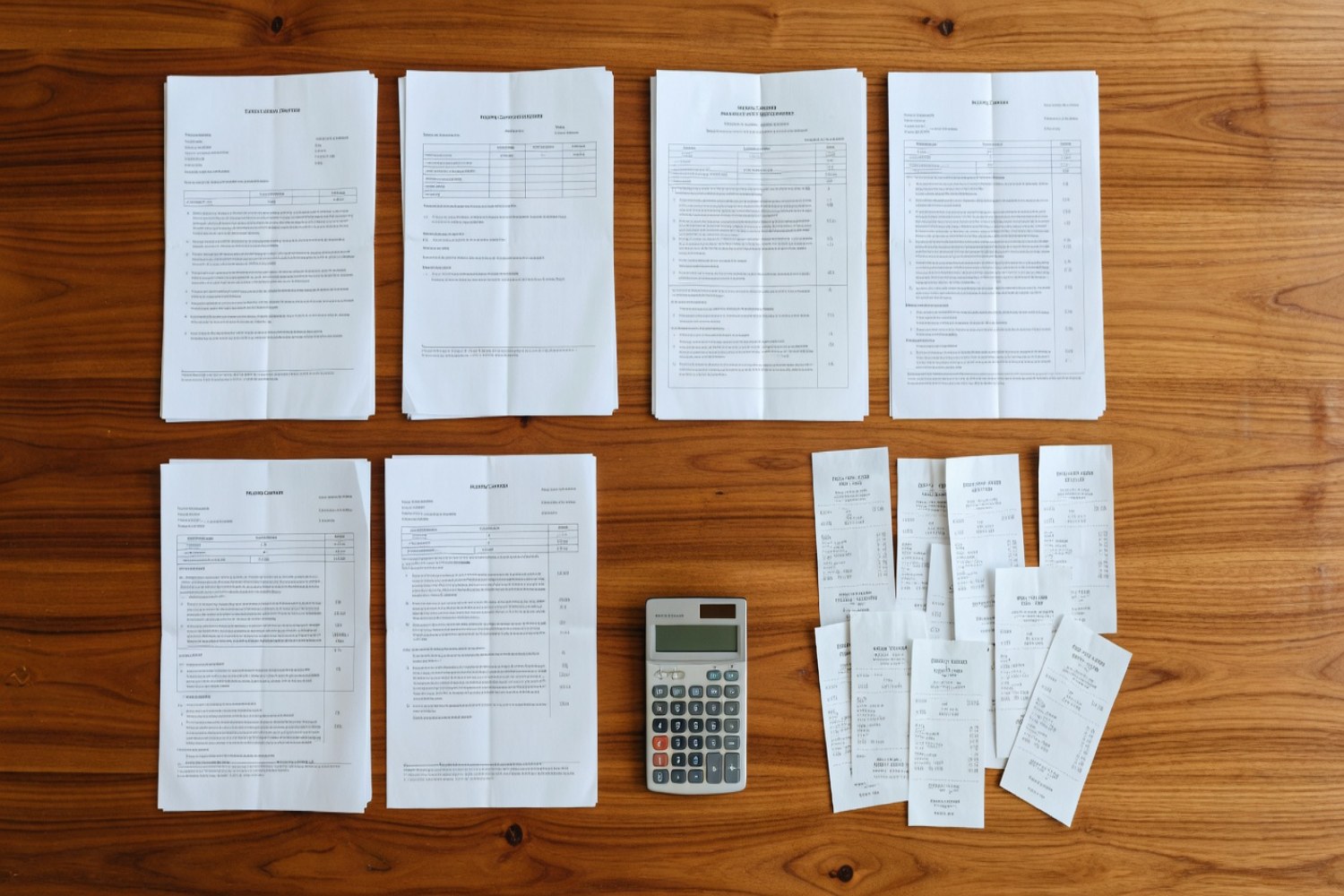 Overhead flat-lay of college cost documents including tuition invoices housing contracts and receipts