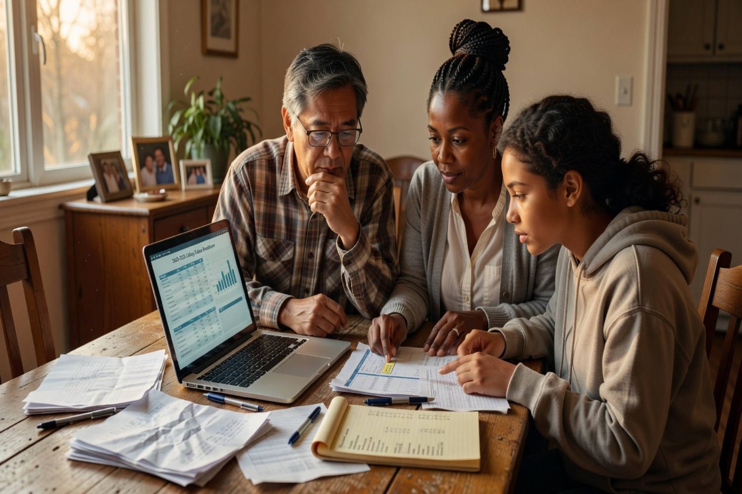 Family reviewing college cost spreadsheets together on laptop at dining table