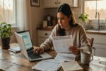 Young woman reviewing college tuition bills and financial aid documents at kitchen table