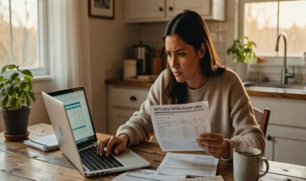 Young woman reviewing college tuition bills and financial aid documents at kitchen table