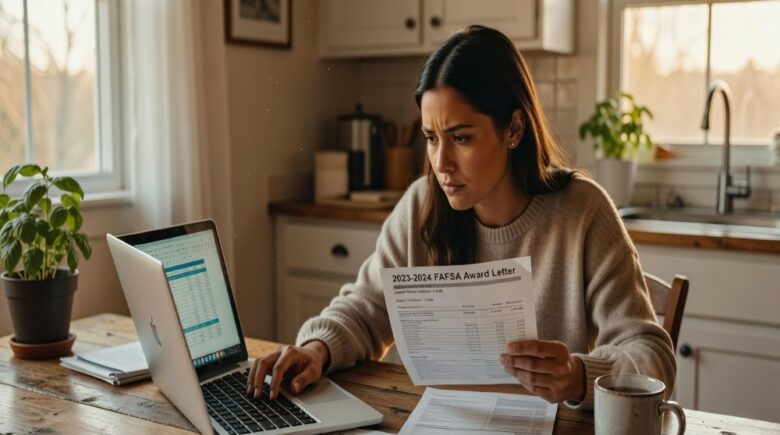 Young woman reviewing college tuition bills and financial aid documents at kitchen table