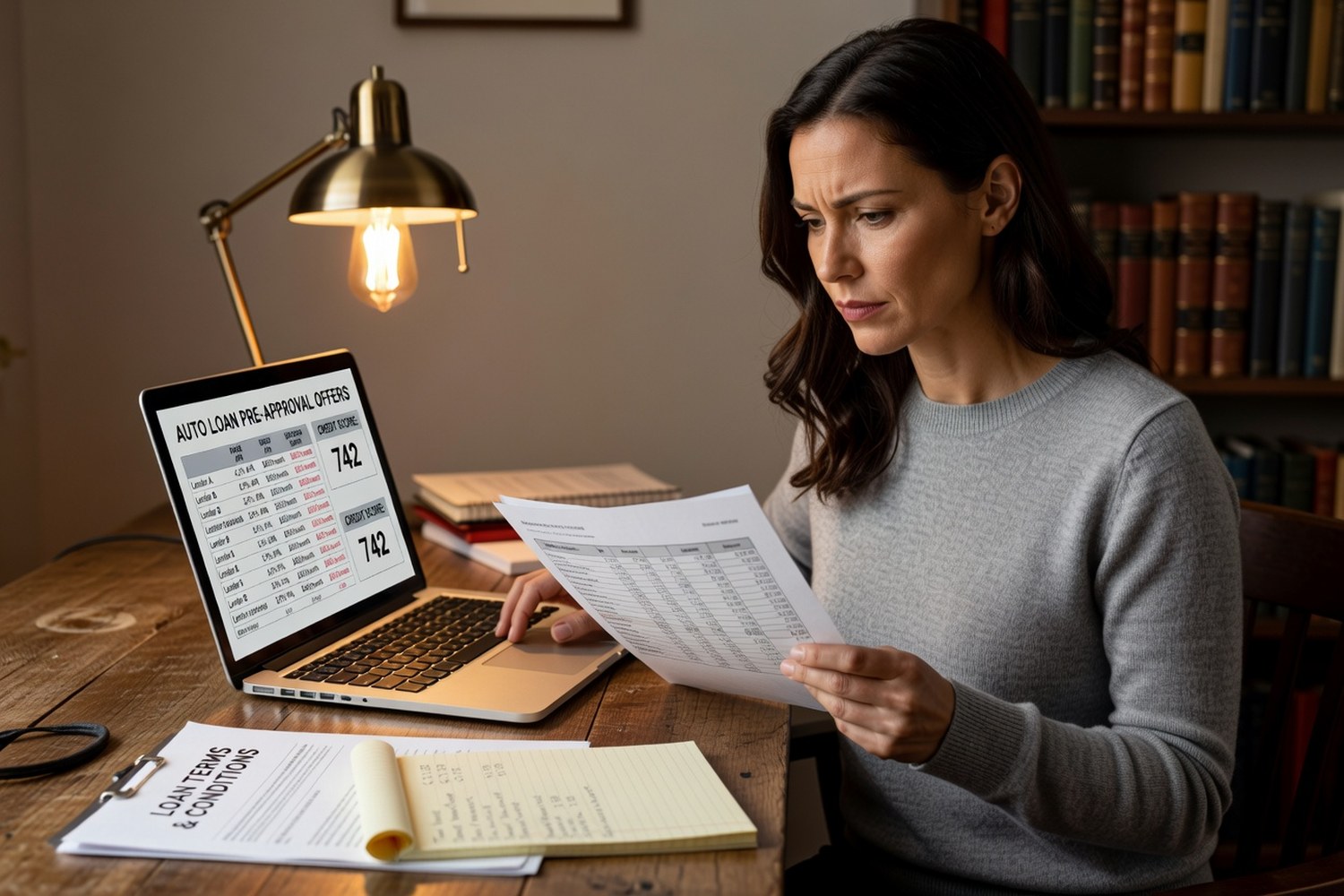 Woman comparing auto loan pre-approval offers on laptop at home