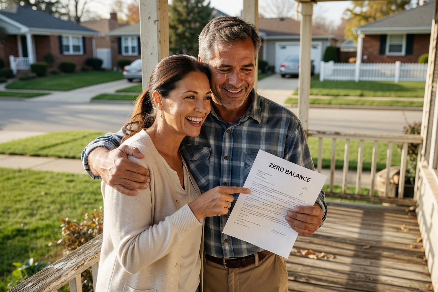 Couple celebrating zero student loan balance on porch