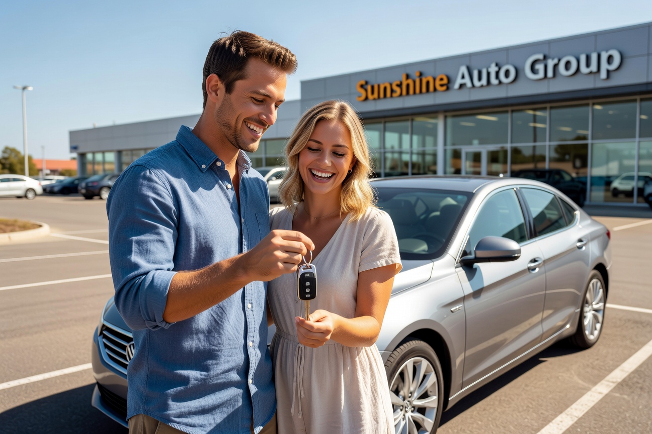couple picking up new leased car at dealership happy