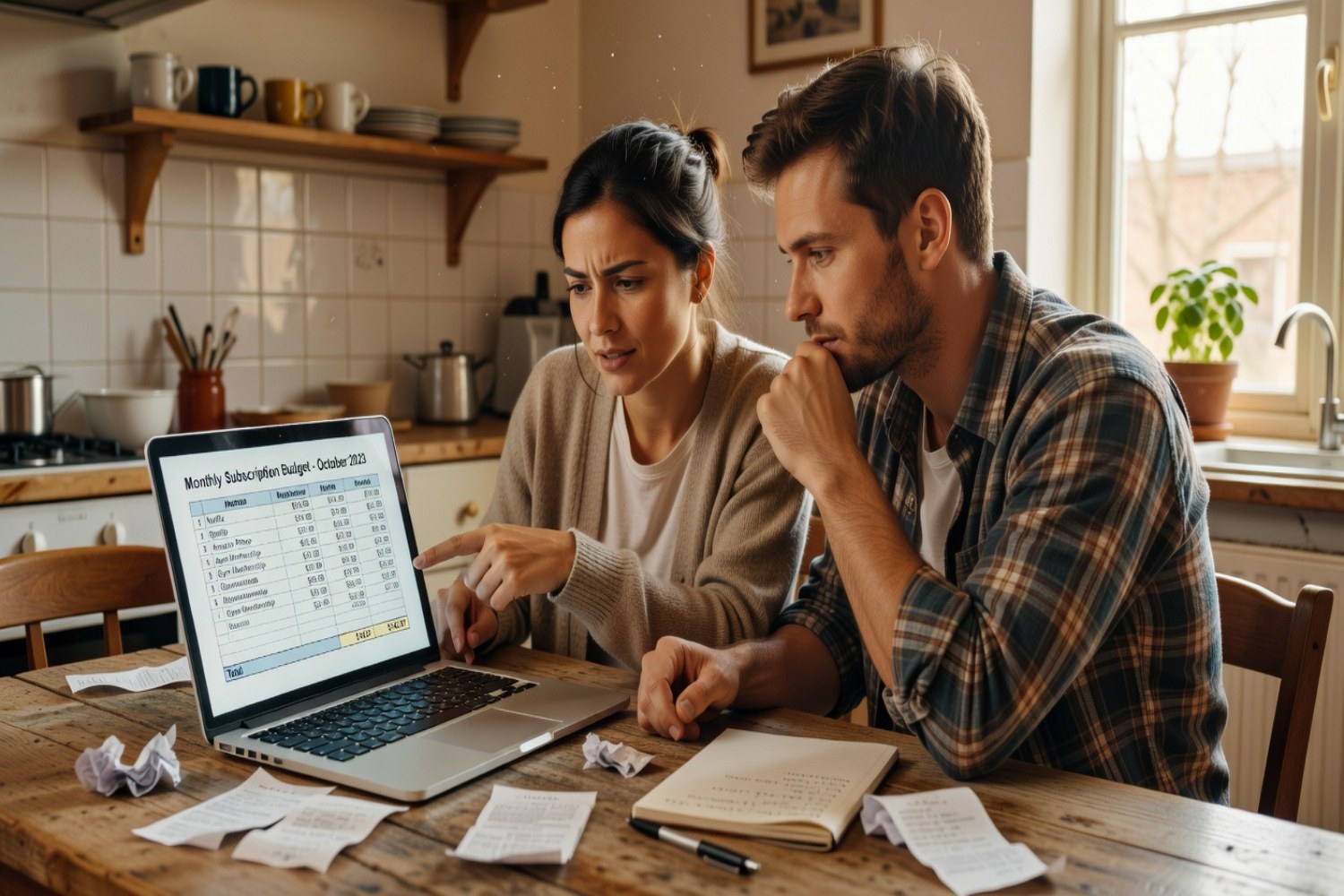 Couple reviewing monthly streaming subscription budget together on laptop at kitchen table