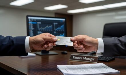 Person handing credit card to dealership finance manager for car purchase