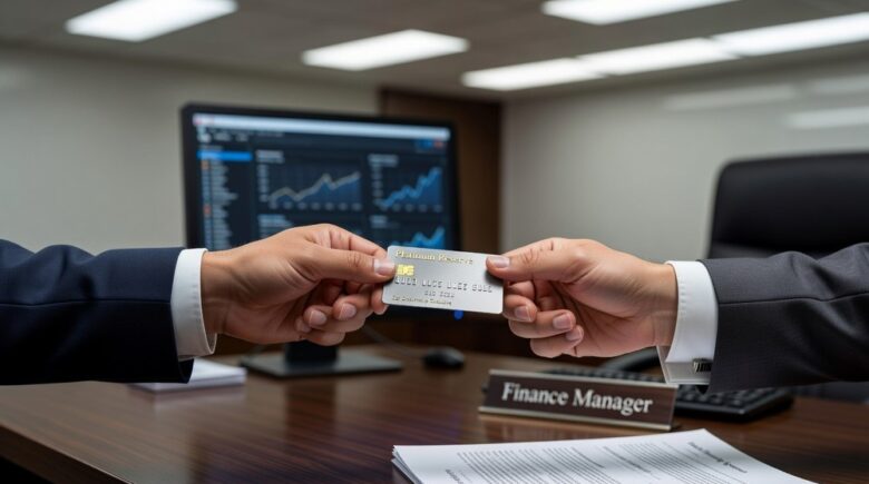 Person handing credit card to dealership finance manager for car purchase