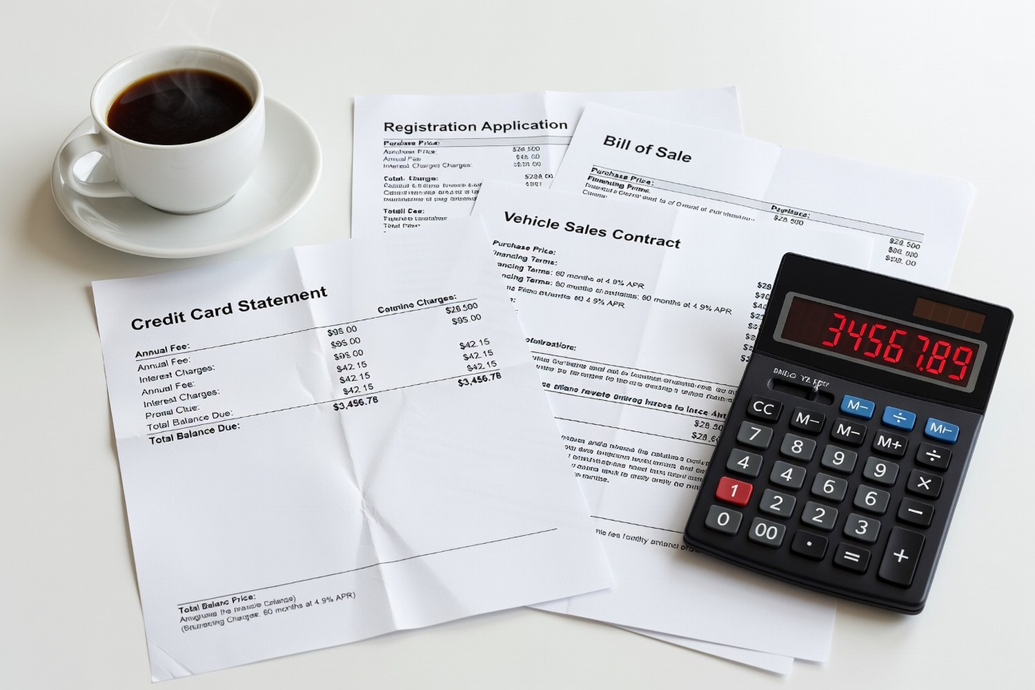 Credit card statement next to car purchase documents and calculator
