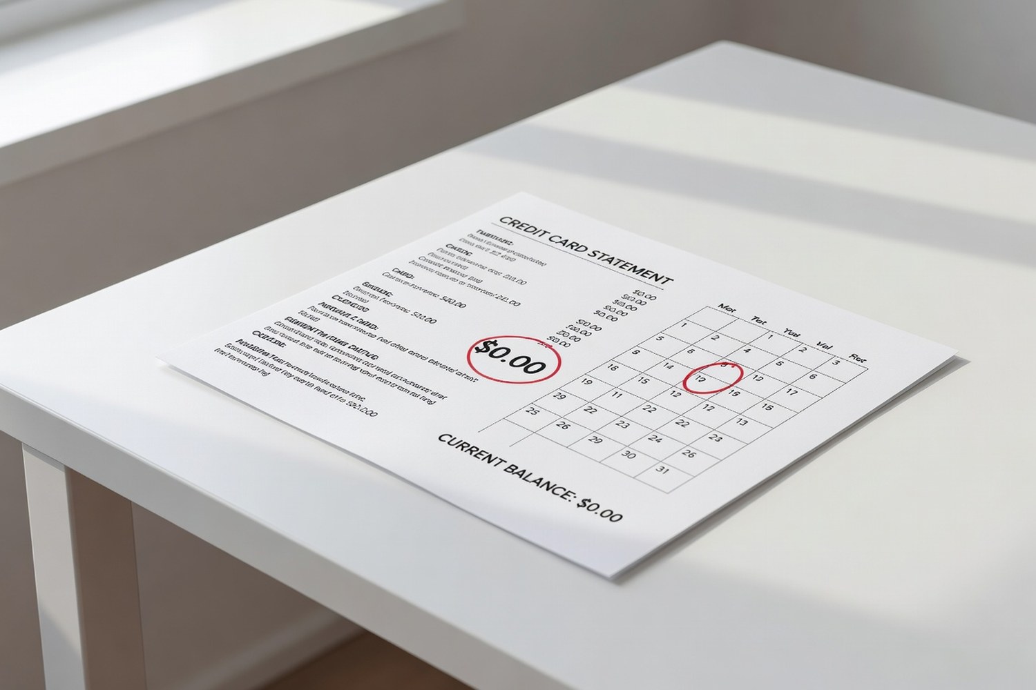 Credit card statement showing zero balance next to calendar with payment date