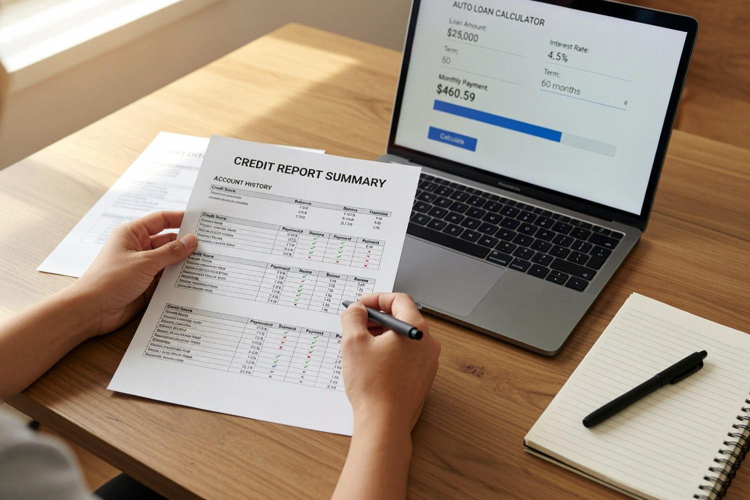 Reviewing credit report and auto loan calculator to prepare for bad credit car financing