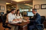 Couple reviewing auto loan paperwork at dealership finance desk