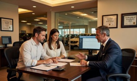 Couple reviewing auto loan paperwork at dealership finance desk