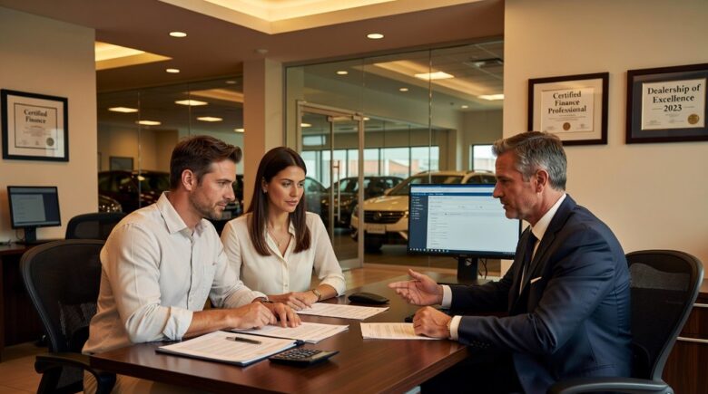 Couple reviewing auto loan paperwork at dealership finance desk